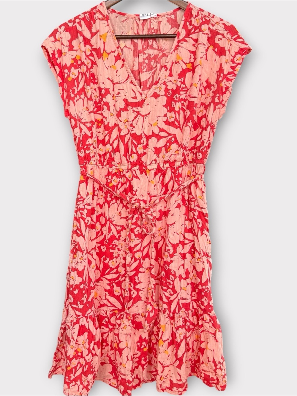 Gap Red Floral Short Sleeve Maxi Dress Cinch Waist Tiered Boho Peasant Size S